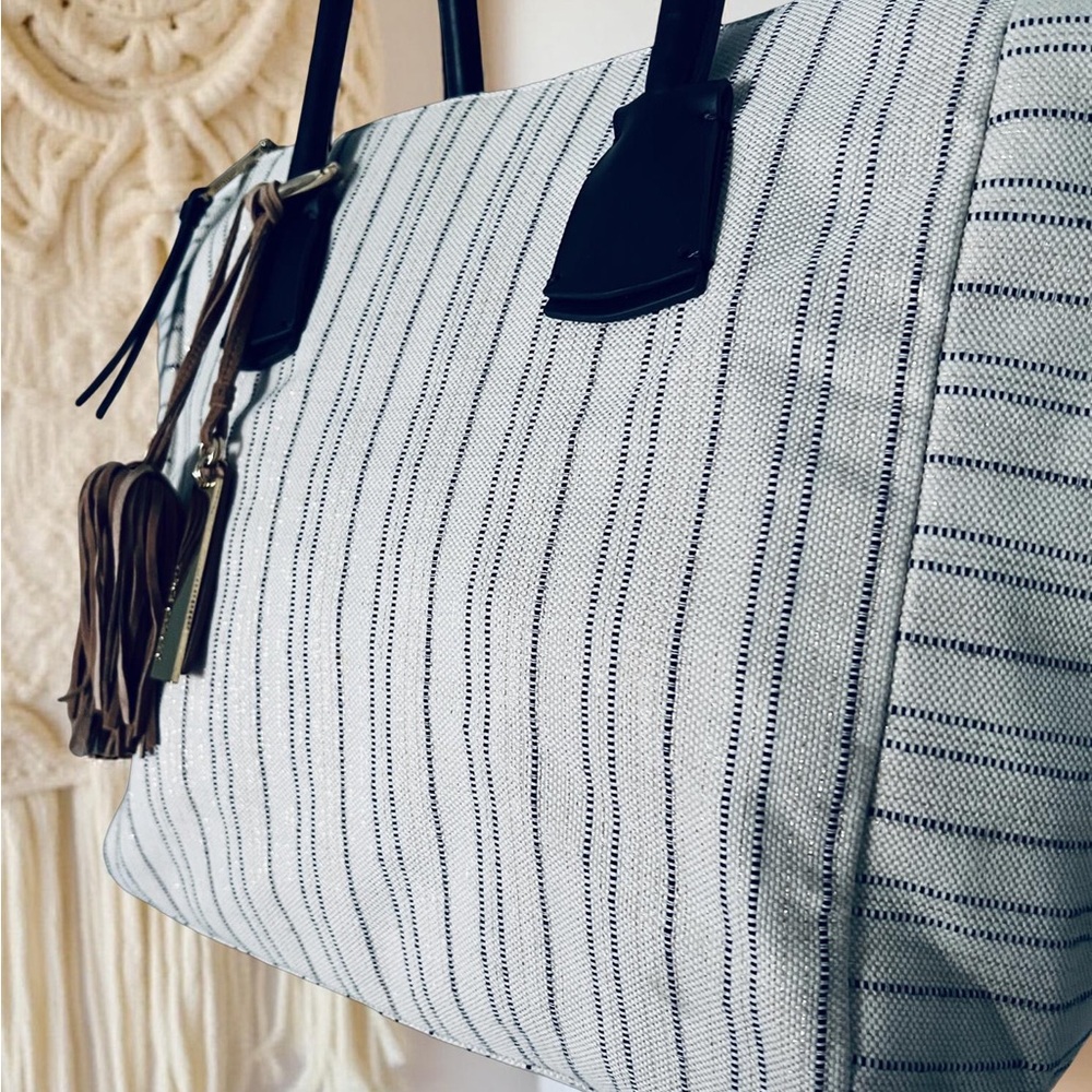Vince Camuto Neutral and Navy Canvas Tote with Leather Accents - Picture 5 of 10
